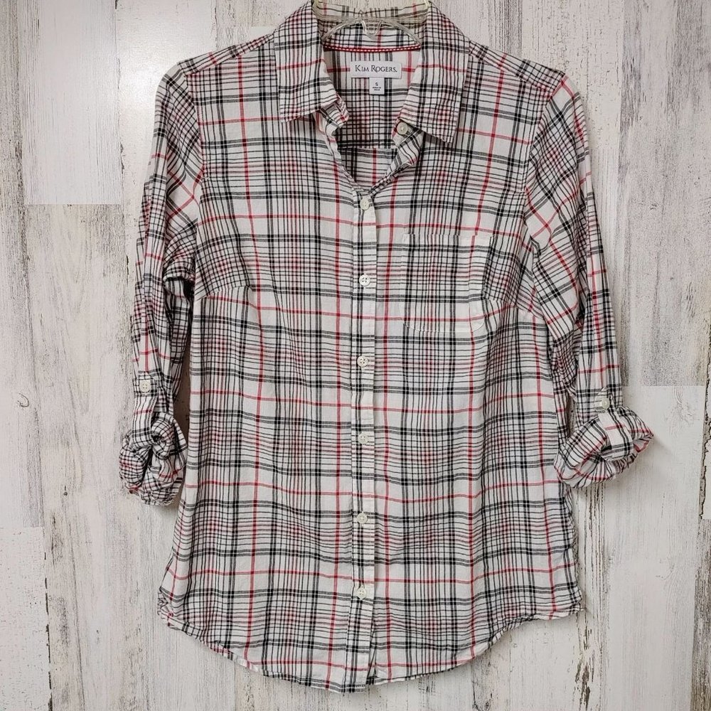 Kim Rogers Women's Small Button Up Shirt Plaid Long Sleeves Roll Tab